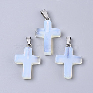 Synthetic Opalite Pendants, Dyed, with Brass Pinch Bails, Platinum Plated, Cross, 26~30.5x15.5~19.5x4~6mm, Hole: 3x6mm(G-J354-10A)