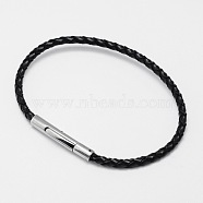 Braided Leather Cord Bracelet Making, with 304 Stainless Steel Bayonet Clasps, Black, 205x3.5mm(BJEW-I200-07B)
