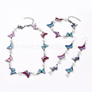 Link Bracelets & Dangle Earrings & Necklaces Jewelry Sets, with Glass Pearl, Butterfly Shape Alloy Enamel Links and 304 Stainless Steel Findings, Colorful, 15.55 inch(39.5cm), 7-1/2 inch(19cm), 120mm, Pin: 0.6mm(SJEW-JS01081-1)