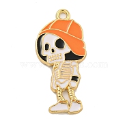 Halloween Alloy Enamel Pendants, Golden, Skeleton Charm, Coral, 34x16x2mm, Hole: 1.9mm(ENAM-H045-01G-07)