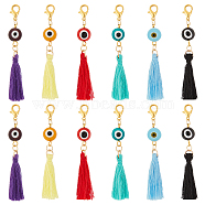 12Pcs 6 Colors Polyester Tassel Pendant Decorations, Round Evil Eye Alloy Lobster Claw Clasps Charms, for Keychain, Purse, Backpack Ornament, Mixed Color, 65mm, 2pcs/color(HJEW-AB00194)