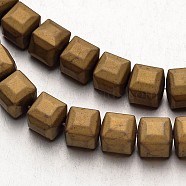 Electroplate Non-magnetic Synthetic Hematite Bead Strands, Frosted, Cube, Golden Plated, 8x8x8mm, Hole: 1mm, about 51pcs/strand, 15.7 inch(G-F300-25-F03)