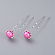 (Defective Closeout Sale), Lady's Hair Accessories, Silver Color Plated Iron Hair Forks, with ABS Plastic Imitation Pearl and Rhinestone, Flower, Camellia, 76.5mm(PHAR-XCP0004-06A)