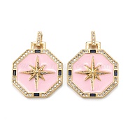 Brass Micro Pave Clear Cubic Zirconia Pendants, with Enamel, Octagon with Star, Real 18K Gold Plated, 29.5x25.5x4mm, Hole: 6x2.5mm(ZIRC-A020-15G)