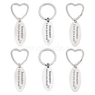 6Pcs 2 Styles Mother's Day Oval with Word Remember I Love You Mom Stainless Steel Keychain, with Heart/Ring Shape Key Ring, Stainless Steel Color, 7.4~7.5cm, 3pcs/style(AJEW-GO0001-57)