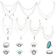 15Pcs 15 Style Oval & Teardrop & Feather Synthetic Turquoise Pendants Multi-layer Necklaces & Finger Rings, Alloy Retro Jewelry Set for Women, Mixed Color, 322~483mm, Inner Diameter: 16~18mm(SJEW-AN0001-43)