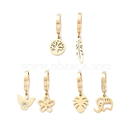 3 Pair 3 Style Leaf & Flower & Butterfly & Tree & Elephant Asymmetrical Earrings, Ion Plating(IP) 304 Stainless Steel Dangle Hoop Earrings for Women, Golden, 24~31mm, Pin: 1mm, 1 Pair/style(EJEW-B020-03G)