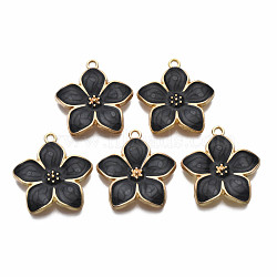 Alloy Enamel Pendants, Light Gold, Cadmium Free & Nickel Free & Lead Free, Flower, Black, 27.5x25.5x3.5mm, Hole: 2mm(ENAM-T011-107B-NR)