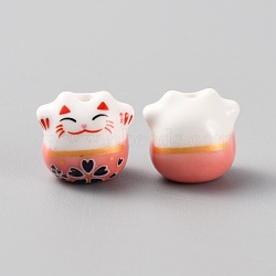 Handmade Porcelain Beads, Famille Rose Porcelain, for DIY Accessories, Fortune Cat, Coral, 13x14x11mm, Hole: 2mm(PORC-WH0006-02B)