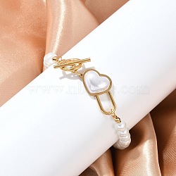 Heart 304 Stainless Steel Beaded Bracelets, with Plastic Pearl, Ion Plating(IP), Golden, 7-5/8 inch(19.5cm)(BJEW-L610-21G-01)