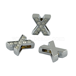 Alloy Initial Slide Charms with Grade A Rhinestones, for Personalized Name Necklaces Making, Lead Free & Nickel Free, Platinum, Letter.X, 12~13x8~13x4~5mm, Hole: 8x2mm(ALRI-R032-X-FF)