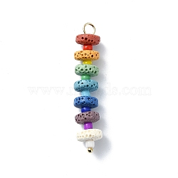 Chakra Natural Lava Rock Dyed Flat Round Pendants, Colorful Gems 304 Stainless Steel Glass Seed Beads Charms, Golden, 42~42.5x8mm, Hole: 3mm(PALLOY-JF02528-01)