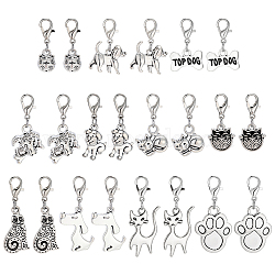 55Pcs 11 Styles Tibetan Style Alloy Kitten Dog Pendant Decorations, with Alloy Lobster Claw Clasps, Antique Silver, 24~36.5mm, 5pcs/style(HJEW-PH02309)