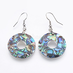 Abalone Shell/Paua Shell Dangle Earrings, with Brass Findings, Donut, Platinum, 47~48mm, Pin: 0.7mm(EJEW-F147-C07)