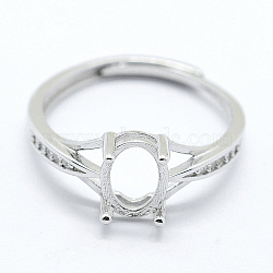 925 Sterling Silver Finger Ring Components, with Cubic Zirconia, Adjustable, Oval, Platinum, Size 7 (17mm), 2mm wide, Tray: 6x8mm(STER-G027-17P)