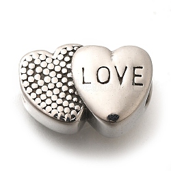 304 Stainless Steel European Beads, Large Hole Beads, Double Heart with Word Love, Antique Silver, 10x15x8mm, Hole: 5mm(STAS-G350-12AS)