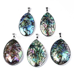 Natural Abalone Shell/Paua Shell Pendants, with Platinum Plated Random Brass Pendant Bails, Oval, Colorful, 49~54x27~35x6~11mm, Hole: 3x7mm(SSHEL-N034-90)