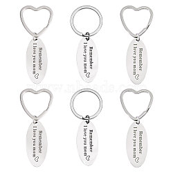 6Pcs 2 Styles Mother's Day Oval with Word Remember I Love You Mom Stainless Steel Keychain, with Heart/Ring Shape Key Ring, Stainless Steel Color, 7.4~7.5cm, 3pcs/style(AJEW-GO0001-57)