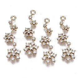 Brass Micro Pave Cubic Zirconia Pendants for Christmas, Long-Lasting Plated, Snowflake, Light Gold, Clear, 34x10.5x3mm, Hole: 1.6mm(X-KK-R111-038)