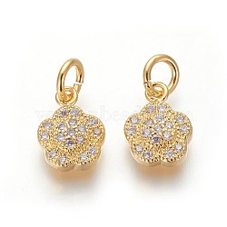 Brass Micro Pave Cubic Zirconia Charms, Lead Free & Cadmium Free, Clear, Flower, Golden, 10x7.5x3mm, Hole: 3mm(ZIRC-J021-10G-RS)