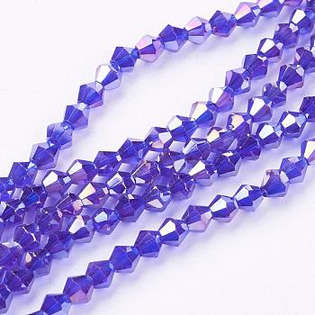 Faceted Bicone Glass Bead Strands, AB Color Plated, Blue, 4x4mm, Hole: 1mm, about 92~96pcs/strand, 13.78~14.37 inch
