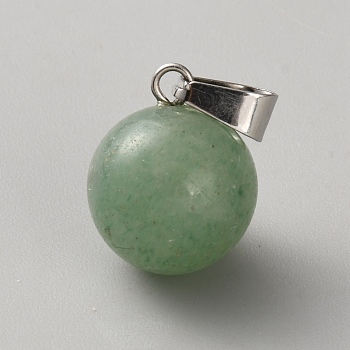 Natural Green Aventurine Round Sphere Pendants, Ball Charms with Platinum Tone Iron Snap on Bails, 18x14mm, Hole: 7x3mm