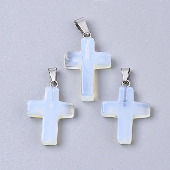 Synthetic Opalite Pendants, Dyed, with Brass Pinch Bails, Platinum Plated, Cross, 26~30.5x15.5~19.5x4~6mm, Hole: 3x6mm