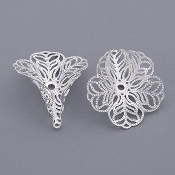 Brass Fancy Bead Caps, Filigree, Flower, 3-Petal, Silver Color Plated, 29x24mm, Hole: 1.2mm