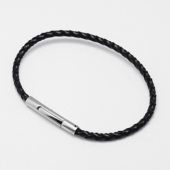 Braided Leather Cord Bracelet Making, with 304 Stainless Steel Bayonet Clasps, Black, 205x3.5mm