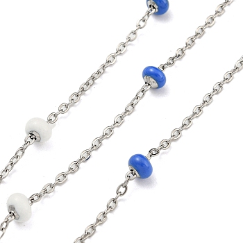 304 Stainless Steel Enamel Link Chains, Soldered, with Spool, Flat Round, White, 2x1.5x0.5mm
