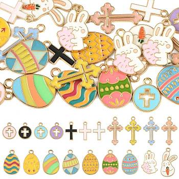 24Pcs 20 Styles Easter Egg Rabbit Cross Alloy Enamel Pendants, Light Gold, Mixed Color, 15~25x10~16x1~2mm, Hole: 1.6~2mm