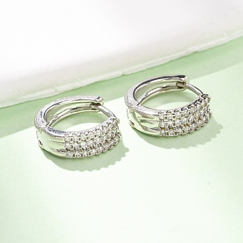 Brass Micro Pave Cubic Zirconia Hoop Earrings, Round, Rack Plating, Long-Lasting Plated, Cadmium Free & Lead Free, Platinum, 13x4mm