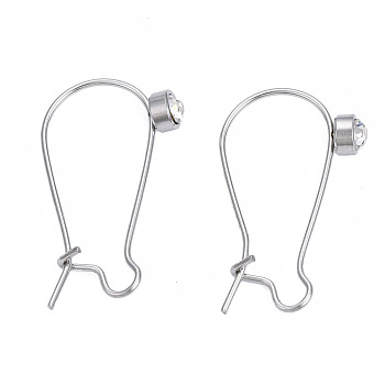 304 Stainless Steel Hoop Earrings Findings Kidney Ear Wires, with Clear Cubic Zirconia, Stainless Steel Color, 24x14mm, Pin: 0.7mm