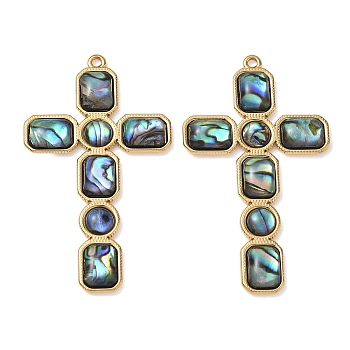 Natural Paua Shell Big Pendants, Cross Charm, with 304 Stainless Steel Findings, Ion Plating(IP), Long-Lasting Plated, 53.5x30.5x3.5mm, Hole: 1.8mm
