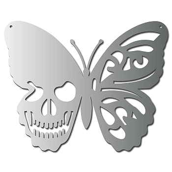 Iron Hanging Decors, Metal Art Wall Decoration, Butterfly with Skull, for Living Room, Home, Office, Garden, Kitchen, Hotel, Balcony, with Wall Anchor & Screw, Silver Color Plated, 300x239x1mm
