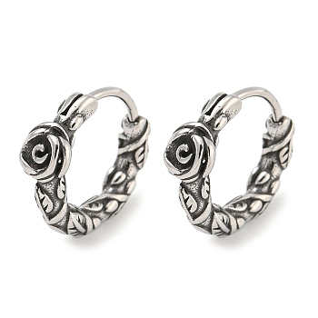 316 Surgical Stainless Steel Hoop Earrings, Antique Silver, Flower, 15x5mm