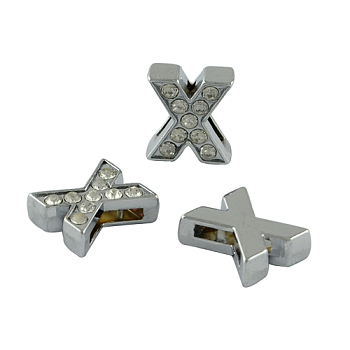 Alloy Initial Slide Charms with Grade A Rhinestones, Lead Free & Nickel Free, Platinum, Letter.X, 12~13x8~13x4~5mm, Hole: 8x2mm