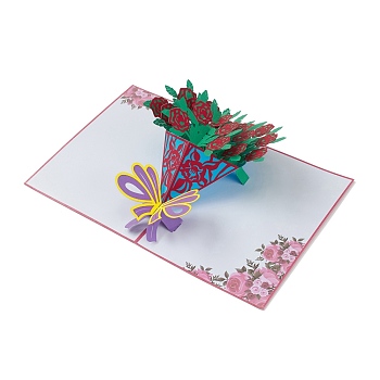 Rectangle 3D Bouquet of Rose Pop Up Paper Greeting Card, with Envelope, Valentine's Day Wedding Birthday Invitation Card, Flamingo, 197x147x5mm
