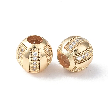 Brass Micro Pave Cubic Zirconia European Beads, Large Hole Beads, Round, Real 18K Gold Plated, 9.5x9mm, Hole: 4mm