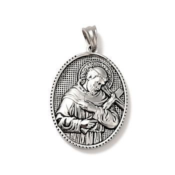 Tibetan Style 304 Stainless Steel Pendants, Religion, Oval with Priest Pattern Charms, Antique Silver, 35.5x26x5mm, Hole: 5x7mm