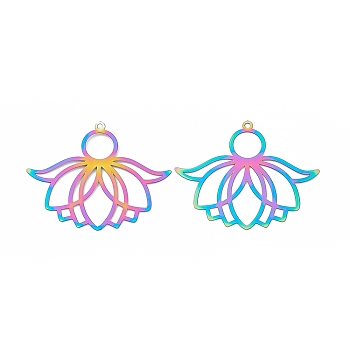 201 Stainless Steel Pendants, Etched Metal Embellishments, Lotus Charm, Rainbow Color, 30.5x38x0.2mm, Hole: 1.4mm
