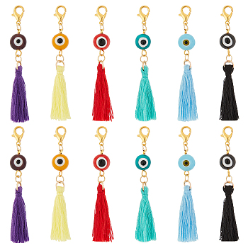 12Pcs 6 Colors Polyester Tassel Pendant Decorations, Round Evil Eye Alloy Lobster Claw Clasps Charms, for Keychain, Purse, Backpack Ornament, Mixed Color, 65mm, 2pcs/color