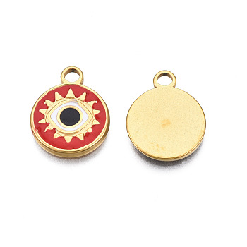 304 Stainless Steel Enamel Pendants, Real 18K Gold Plated, Flat Round with Eye, Dark Red, 17x13.5x1.5mm, Hole: 2mm