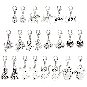 55Pcs 11 Styles Tibetan Style Alloy Kitten Dog Pendant Decorations, with Alloy Lobster Claw Clasps, Antique Silver, 24~36.5mm, 5pcs/style
