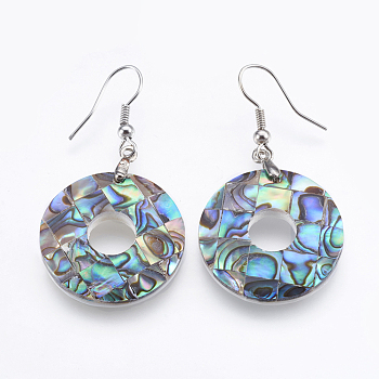 Abalone Shell/Paua Shell Dangle Earrings, with Brass Findings, Donut, Platinum, 47~48mm, Pin: 0.7mm