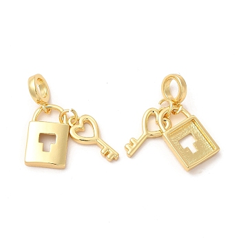 Rack Plating Brass European Dangle Charms, Large Hole Pendants, Cadmium Free & Lead Free, Lock with Key, Real 18K Gold Plated, 27.5mm, Lock: 17x11x3mm, Key: 17x8x2mm, Hole: 5mm