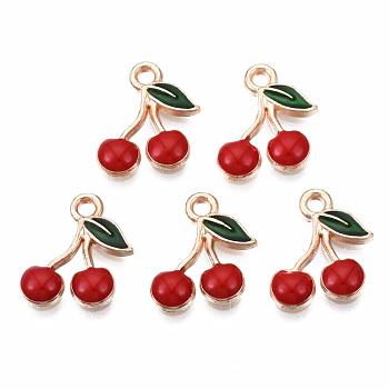 Alloy Enamel Charms, Cherry, Light Gold, Red, 13x12x2mm, Hole: 1.6mm