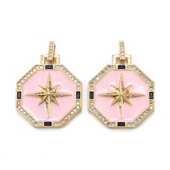 Brass Micro Pave Clear Cubic Zirconia Pendants, with Enamel, Octagon with Star, Real 18K Gold Plated, 29.5x25.5x4mm, Hole: 6x2.5mm