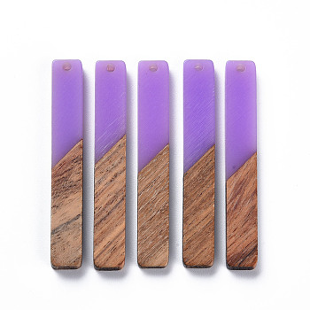 Resin & Walnut Wood Big Pendants, Two Tone, Rectangle, Purple, 51.5x7.5x3mm, Hole: 1.8mm