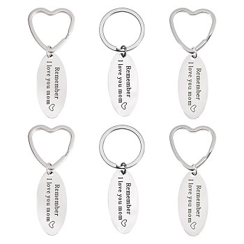 6Pcs 2 Styles Mother's Day Oval with Word Remember I Love You Mom Stainless Steel Keychain, with Heart/Ring Shape Key Ring, Stainless Steel Color, 7.4~7.5cm, 3pcs/style